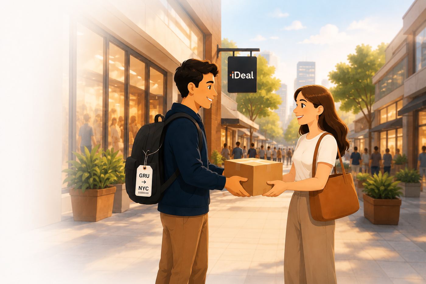 Viajante entregando uma encomenda a uma compradora na rua, placa da loja iDeal ao fundo